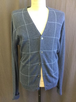 Mens, Cardigan Sweater, CYPRESS LINKS, Dusty Blue, Lt Blue, Navy Blue, Acrylic, Grid , M, V-neck, 6 Buttons, Rib Knit Cuffs and Waistband, Little Worn In, Pattern on Front Panels Only