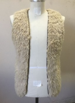 Mens, Historical Fiction Vest, N/L, Ecru, Sherpa, Solid, S/M, Mountain Man/Outdoorsy Ecru Faux Sheep Fur, Open at Center Front with No Closures, Thin Brown Trim/Edging at Front and Armholes, Made To Order