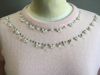 Womens, Sweater, COLLEEN KNITWEAR, Baby Pink, Orlon Acrylic, Solid, Small, Pullover, Short Sleeves, Knit, Pearls, Rhinestones, & Teardrop Beads Decorate the Neckline.