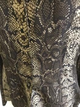 Womens, Blouse, INC, Brown, Lt Brown, Chocolate Brown, Silk, Reptile/Snakeskin, 6, Button Front, Collar Attached, Long Sleeves, Extended Cuff