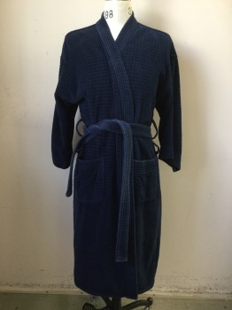 Mens, Bathrobe, SAVILE ROW, Navy Blue, Cotton, Solid, Grid , S, Terry Cloth with Grid Pattern, Long Sleeves, Shawl Collar, 2 Pockets, Belt Loops, with Self Belt