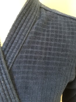 Mens, Bathrobe, SAVILE ROW, Navy Blue, Cotton, Solid, Grid , S, Terry Cloth with Grid Pattern, Long Sleeves, Shawl Collar, 2 Pockets, Belt Loops, with Self Belt