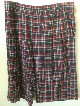 Mens, Shorts, TEVROW CHASE, Black, Red, White, Cotton, Plaid, 30, Seersucker, Pleated Front, Cuffed, Zip Fly, Waistband