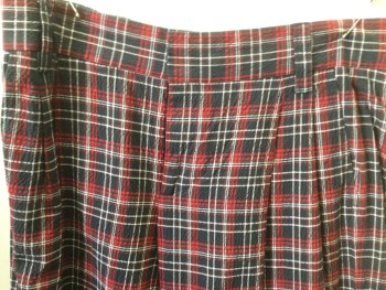 Mens, Shorts, TEVROW CHASE, Black, Red, White, Cotton, Plaid, 30, Seersucker, Pleated Front, Cuffed, Zip Fly, Waistband