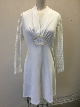 N/L, White, Polyester, Solid, V-neck, Gathered Into Oval Panel at Empire Waist, See Through Textured Mesh Long Sleeves, Hem Mini,  Late 1960's