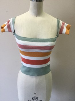Womens, Top, FOREVER 21, Slate Gray, White, Pink, Orange, Coral Orange, Rayon, Nylon, Stripes, M, Ribbed Knit, Tube Top with Sleeves