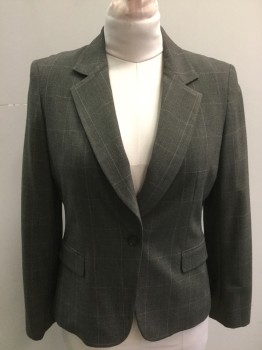 TAHARI, Charcoal Gray, Beige, Pink, Polyester, Rayon, Plaid, Plaid-  Windowpane, Charcoal Plaid, Pink Windowpane, 1 Button, Collar Attached, Notched Lapel, 2 Flap Pockets