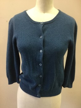 RON HERMAN, Blue, Cashmere, Heathered, Button Front, 3/4 Sleeve, Ribbed Knit Neck/Waistband/Cuff