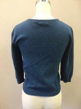 RON HERMAN, Blue, Cashmere, Heathered, Button Front, 3/4 Sleeve, Ribbed Knit Neck/Waistband/Cuff