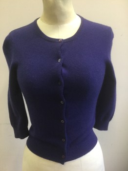 RON HERMAN, Aubergine Purple, Cashmere, Solid, Knit, 3/4 Sleeve, 7 Small Buttons, Round Neck, Fitted