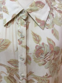 LIMITED, Cream, Lt Brown, Sage Green, Viscose, Large Scale Floral Print in Muted Colors, Collar Attached, Button Placet Front, Sleeveless. ( Barcode Behind Button Placket,)