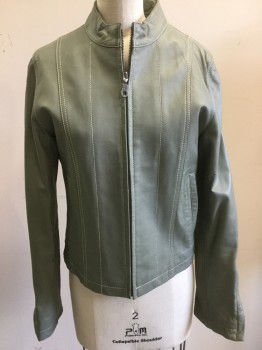 WILSONS LEATHER, Gray, Leather, Solid, Zip Front, Slit Pockets, Band Collar,  Tan Top Stitch Detail, Zip Sleeves