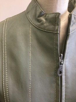 WILSONS LEATHER, Gray, Leather, Solid, Zip Front, Slit Pockets, Band Collar,  Tan Top Stitch Detail, Zip Sleeves