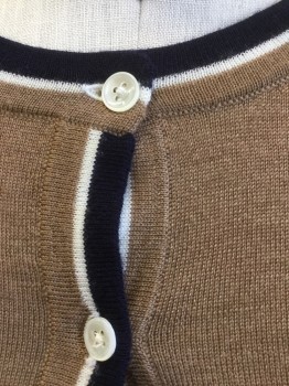 JCREW, Brown, Midnight Blue, White, Cashmere, Solid, Stripes, Crew Neck, Button Front, Midnight Blue and White Stripe on Neck and Placket, Long Sleeves