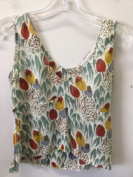 Womens, Top, MARNI, Off White, Gold, Red, Sage Green, Slate Blue, Silk, Floral, XS, Chiffon, Tank Style, Rounded V-neck,