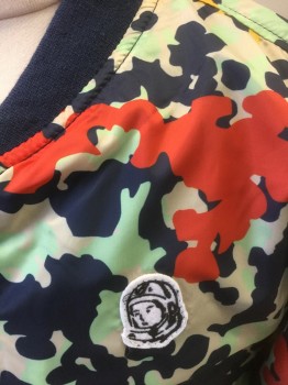 BILLIONAIRE BOYS CLU, Multi-color, Navy Blue, Mint Green, Red, Yellow, Polyester, Abstract , Novelty Pattern, Boys, Navy with Mint/Taupe/Red/Yellow Abstract Shapes Pattern, Zip Front, Solid Navy Rib Knit Neck, Cuffs and Waistband, Black and White Small Astronaut Patch at Left Side, Large White Astronaut Head Graphic in Back