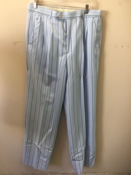 Mens, 1990s Vintage, Suit, Pants, ALBERTO CELINI, Baby Blue, Navy Blue, Synthetic, Stripes, Stripes - Pin, Open, 34, Pleated Front,  Zoot Suit Like