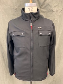Mens, Casual Jacket, STOCKHOMME, Black, Polyester, Solid, L, Zip Front, Stand Collar, 5 Pockets, Long Sleeves, Elastic Velcro Cuff, Fleece Interior