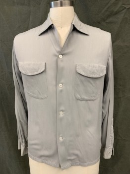 VAN HEUSEN, Lt Gray, Poly/Cotton, Solid, Button Front, Collar Attached, Long Sleeves, Button Cuff, 2 Flap Pockets,