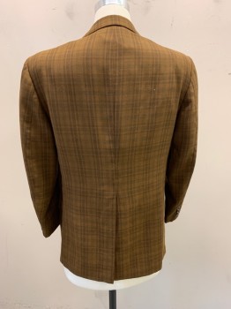 NO LABEL, Ochre Brown-Yellow, Brown, Dk Green, Polyester, Wool, Plaid, Notched Lapel, Single Breasted,  Button Front, 2 Buttons, 3 Pockets