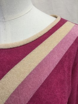 NL, Magenta Pink, Pink, Cream, Polyester, Solid, Graphic, Terry Cloth, Boat Neck, Long Sleeves, Elastic Waist, Hem Below Knee, Double Swooping Stripe Across Front Bodice, Double Self Tie Belt, Late 1970's Early 1980's