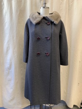 PARKMOOR, Blue-Gray, Silk, Wool, Solid, Double Breasted, Large Purple Plastic Buttons, Horizontal Striped Texture, 2 Pockets, Dolman 3/4 Sleeve, Attached Light Gray Fur Collar