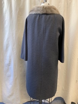 Womens, Coat, PARKMOOR, Blue-Gray, Silk, Wool, Solid, H 40, B 36, Double Breasted, Large Purple Plastic Buttons, Horizontal Striped Texture, 2 Pockets, Dolman 3/4 Sleeve, Attached Light Gray Fur Collar