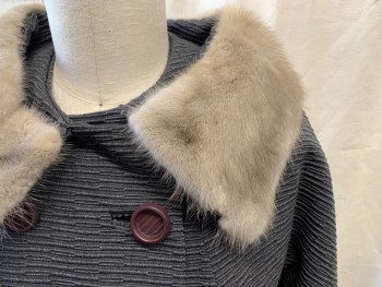 PARKMOOR, Blue-Gray, Silk, Wool, Solid, Double Breasted, Large Purple Plastic Buttons, Horizontal Striped Texture, 2 Pockets, Dolman 3/4 Sleeve, Attached Light Gray Fur Collar