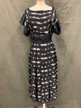 Womens, Cocktail Dress, ALBERT NIPON, Black, Silver, Rayon, Stripes, Floral, B 34, 2, W 24, Shadow Stripe with Floral Stripe, Square Neck, Wide Solid Black Satin Cap Sleeves and Waistband, Pleated Skirt, Back Top Buttons, Back Skirt Zip,