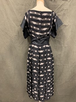 Womens, Cocktail Dress, ALBERT NIPON, Black, Silver, Rayon, Stripes, Floral, B 34, 2, W 24, Shadow Stripe with Floral Stripe, Square Neck, Wide Solid Black Satin Cap Sleeves and Waistband, Pleated Skirt, Back Top Buttons, Back Skirt Zip,