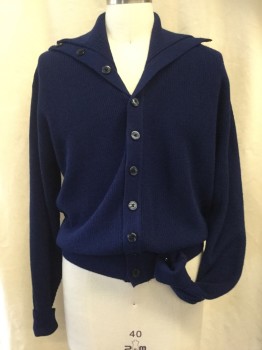 GRAND SLAM, Navy Blue, Polyester, Solid, Button Front, Long Sleeves, Cardigan, Shawl Collar Squared Off in Back, Rib Knit, Double