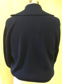 GRAND SLAM, Navy Blue, Polyester, Solid, Button Front, Long Sleeves, Cardigan, Shawl Collar Squared Off in Back, Rib Knit, Double
