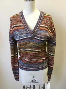 N/L, Brown, White, Blue, Lt Green, Dk Olive Grn, Acrylic, Heathered, Stripes - Horizontal , Long Sleeves, V-neck, Pullover,