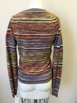 N/L, Brown, White, Blue, Lt Green, Dk Olive Grn, Acrylic, Heathered, Stripes - Horizontal , Long Sleeves, V-neck, Pullover,