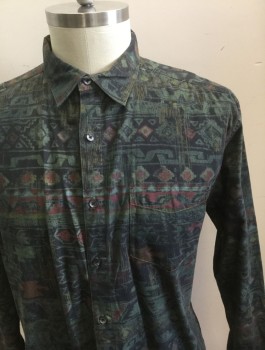 THE TERRITORY AHEAD, Dk Green, Black, Red Burgundy, Cotton, Native American/Southwestern , Geometric, Long Sleeve Button Front, Collar Attached, 1 Patch Pocket