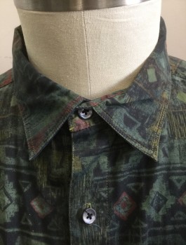 THE TERRITORY AHEAD, Dk Green, Black, Red Burgundy, Cotton, Native American/Southwestern , Geometric, Long Sleeve Button Front, Collar Attached, 1 Patch Pocket