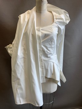 Womens, Sci-Fi/Fantasy Top, Q, White, Cotton, Solid, S, Bodice with 3 Button Front, Square Neck, One Long Sleeve and One 3/4 Sleeve, Hood That Wraps Around in Shawl-Like Manner, Peplum Waist, Steam Punk Futuristic Costume with Odd Proportions