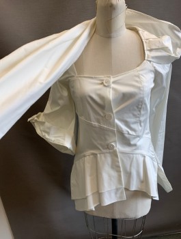 Q, White, Cotton, Solid, Bodice with 3 Button Front, Square Neck, One Long Sleeve and One 3/4 Sleeve, Hood That Wraps Around in Shawl-Like Manner, Peplum Waist, Steam Punk Futuristic Costume with Odd Proportions