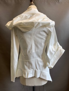 Womens, Sci-Fi/Fantasy Top, Q, White, Cotton, Solid, S, Bodice with 3 Button Front, Square Neck, One Long Sleeve and One 3/4 Sleeve, Hood That Wraps Around in Shawl-Like Manner, Peplum Waist, Steam Punk Futuristic Costume with Odd Proportions