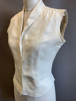 Womens, Blouse, N/L MTO, Cream, Polyester, Solid, W:28, B:38, Crepe, Sleeveless with Sleeves Removed, Button Front with Pearl Buttons, Shawl Collar, V-neck, Gathered at Shoulders, Fitted, Made To Order Reproduction