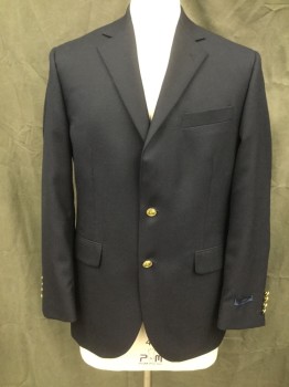Mens, Sportcoat/Blazer, STAFFORD, Navy Blue, Wool, Solid, 40R, Single Breasted, 2 Gold Buttons, Collar Attached, Notched Lapel, 3 Pockets, Long Sleeves