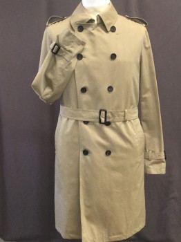 Mens, Coat, Trenchcoat, SACKS FIFTH AVE, Taupe, Polyester, Cotton, Solid, L, SOILED UPPER LEFT CHEST NEAR BUTTON. 10 Button Double Breasted, Matching Belt with Black Plastic Buckle, Shoulder Epaulets, Belt Strap Cuffs, 1 Back Vent, 2 Pockets with Hand Picked Stitching