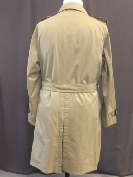 Mens, Coat, Trenchcoat, SACKS FIFTH AVE, Taupe, Polyester, Cotton, Solid, L, SOILED UPPER LEFT CHEST NEAR BUTTON. 10 Button Double Breasted, Matching Belt with Black Plastic Buckle, Shoulder Epaulets, Belt Strap Cuffs, 1 Back Vent, 2 Pockets with Hand Picked Stitching
