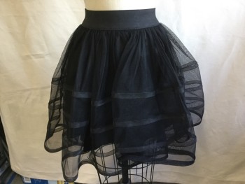 Womens, Skirt, Knee Length, BETSY JOHNSON, Black, Nylon, Polyester, Solid, M, Clubbing, 2" Solid Black Waistband, Gathered Sheer Fine Net with 4 Rough/hard 3/4" Black Self Stripes Ribbon, Solid Black Lining