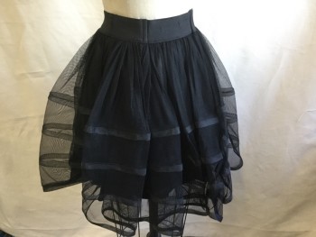 Womens, Skirt, Knee Length, BETSY JOHNSON, Black, Nylon, Polyester, Solid, M, Clubbing, 2" Solid Black Waistband, Gathered Sheer Fine Net with 4 Rough/hard 3/4" Black Self Stripes Ribbon, Solid Black Lining