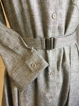 THEORY, Heather Gray, Linen, Viscose, Heathered, Collar Attached, Button Front, 1 Pocket, 3/4 Sleeves, 2 Large Pleat Bias Cut Skirt, Self Adjustable Waist Belt with Metal Buckle