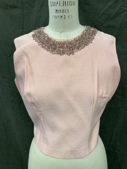 Womens, 1960s Vintage, Top, JR THEME, Lt Pink, Silver, Silk, Solid, W 28, B38, Sleeveless, Zip Back, Silver Beaded Loops Neck Detail, Evening, Cocktail