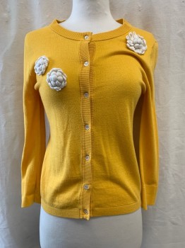 Womens, Sweater, KATE SPADE, Sunflower Yellow, Cotton, Silk, XS, Crew Neck, Button Front, 3 White 3D Flowers, Long Sleeves