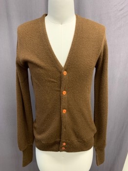 WHIM, Brown, Acrylic, Solid, Button Front, V-neck, Long Sleeves, Ribbed Cuffs and Hem,one Button Missing, Snag on Left Sleeve, Cardigan