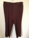 SANSABELT, Maroon Red, Polyester, Solid, Flat Front, Tab Waist with 1 Button, Zip Fly, 4 Pockets, Inner Elastic Waistband, Straight Leg, Multiple